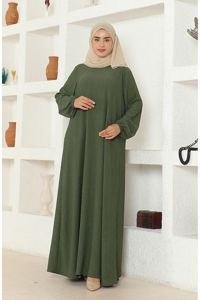 sefamerve Khakifarbenes Mevlana-Kleid – gewickelter Stoff, elastische Ärmel 1025-03