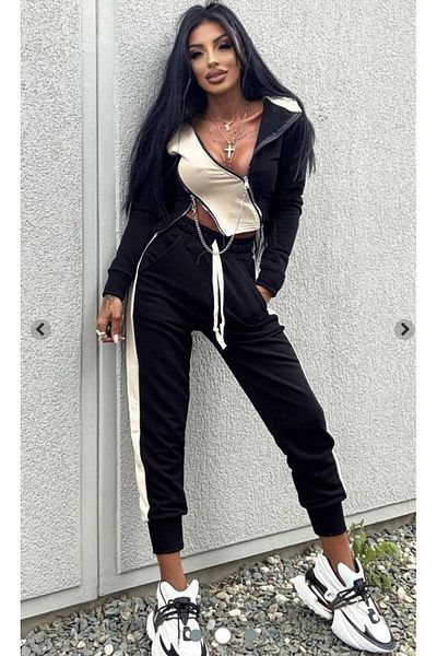 Miss Double Zipper Chain Detailed Hooded 3 Thread Ribbed Sports Tracksuit Set