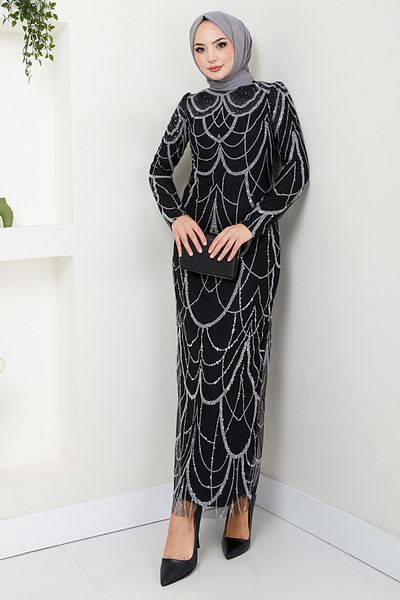 ModaMerve Μαύρο Glitter Detailed 5631END900-M Βραδινό Φόρεμα
