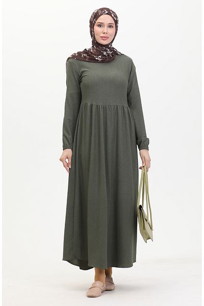 sefamerve Khakifarbenes, gerafftes Kleid mit gewickelter Taille – 1016-04