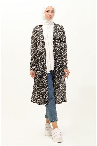sefamerve Cardigan lung negru - model floral, model 8637-01