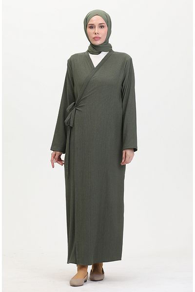 sefamerve Gewickeltes, seitlich gebundenes Gebetskleid aus Stoff 1024-04 Khaki