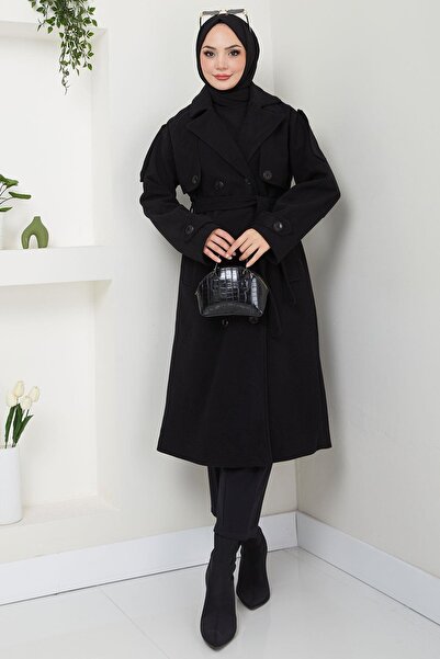 hafsamina Black Stamp Coat - Double Breasted Collar with Buttons and Belted H...