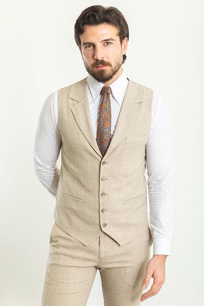 Mcr Slim Fit Wide Collar Men's Trouser Vest Suit Beige-Ecru - 10925.23Y