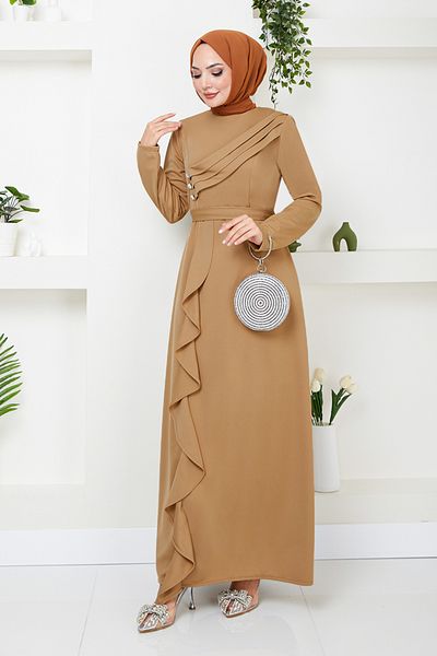 ModaMerve Rochie de seară Hijab Drapată Latte - 12241PL940-M