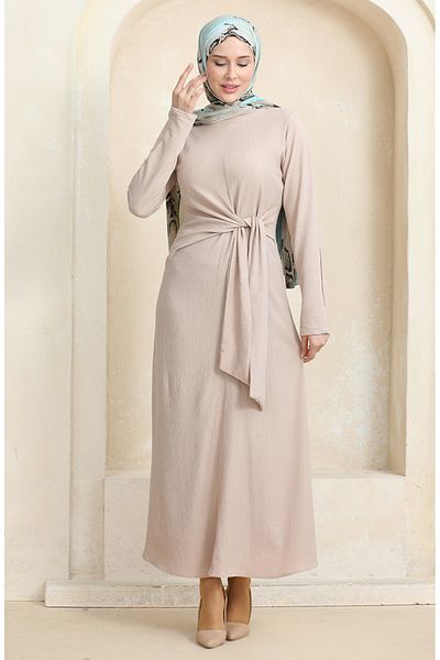 sefamerve Mink Color Wrap Fabric - Side Tie Φόρεμα 1017-03