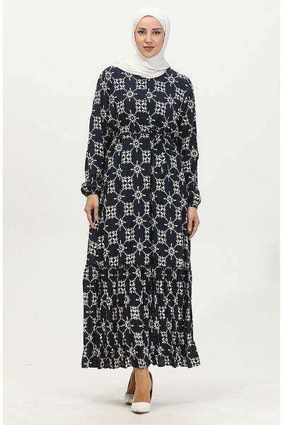 sefamerve Φόρεμα Amelya Navy Viscose - Διακριτικό και φύλλο, Plus Size 4588G-01