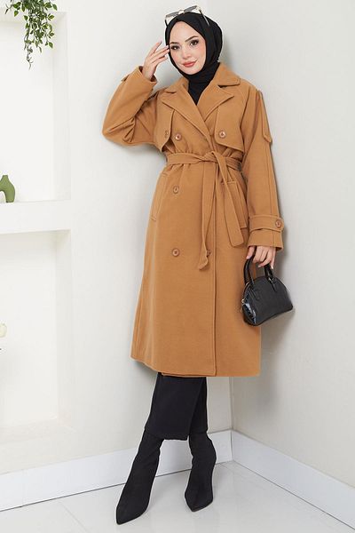 hafsamina Παλτό με διπλό στήθος Camel Color - με κουμπιά και ζώνη, HM2603