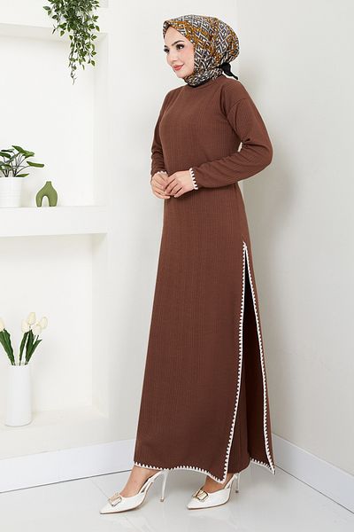 ModaMerve Stitching Detailed Knitwear Set 5688Znk903-M Brown