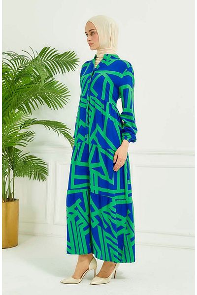 sefamerve Rochie cu model geometric albastru verde - 4106-03