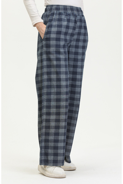 sefamerve Beli Lastikli Ekose Desen Kot Pantolon 2734-01 Açık Lacivert