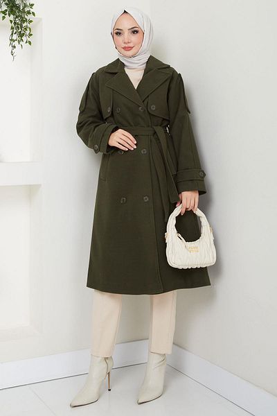 hafsamina Παλτό Khaki Cashmere - Διπλό πέτο, κουμπιά και ζώνη HM2603