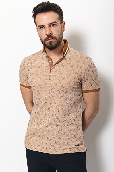 Mcr Floral Patterned Slim Fit Polo Neck Men's T-Shirt Mustard - 36635.21Y