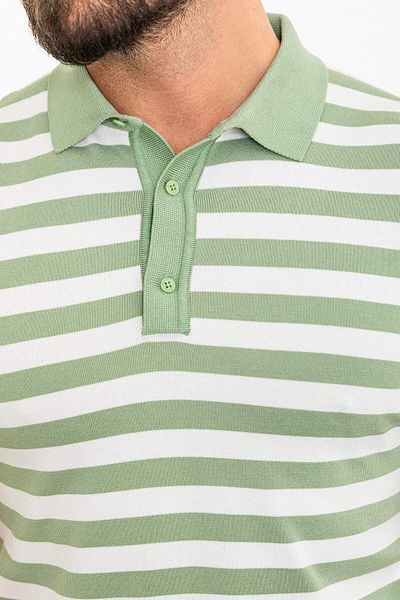 Mcr Horizontal Striped Slim Fit Polo Neck Men's Knitwear T-Shirt Ecru-Green - 11473.24Y