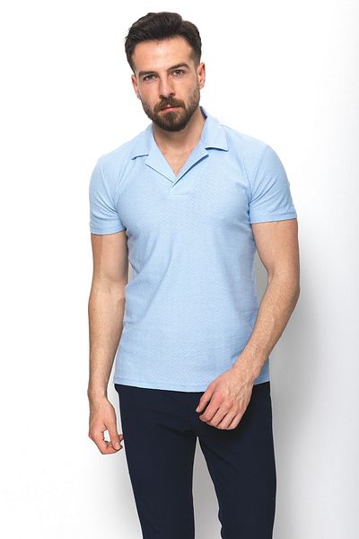 Mcr Patterned Slim Fit Lapel Collar Men's T-Shirt Blue - 36709.22Y