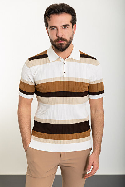Mcr Смугаста футболка Slim Fit з поло-коміром для чоловіків, екрю - 11490.24Y