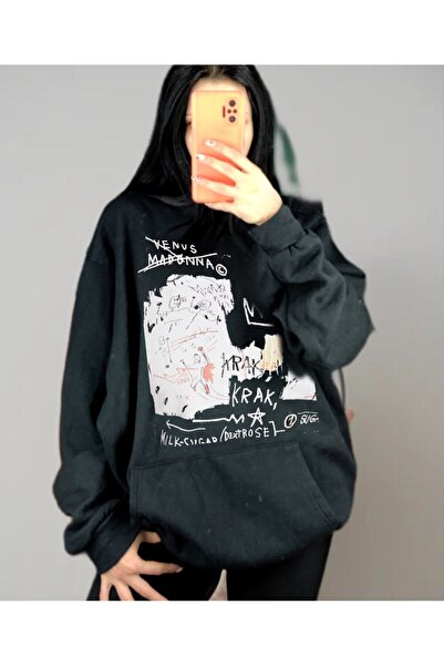 MAYDAY CULTURE سويت شيرت أسود بغطاء للرأس من Basquiat - خفيف الوزن، فضفاض، ثل...