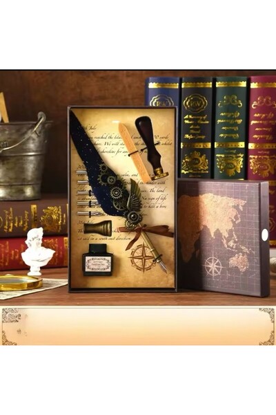 BLA GROUP SİYAH Hediyelik Divit Hokka Kalem Seti Tüylü Mürekkepli Mumlu Mühürlü Takım Kaligrafi Kalemi