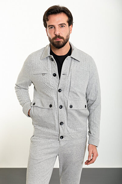 Mcr Ριγέ Slim Fit Ανδρικό Παλτό Παντελόνι Σετ Γκρι - 17150.24Y