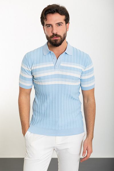 Mcr Tricou tricot pentru bărbați, albastru, slim fit, cu gât polo
