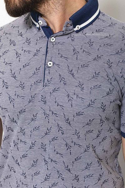Mcr Polo Collar Navy Blue Leaf Patterned T-Shirt