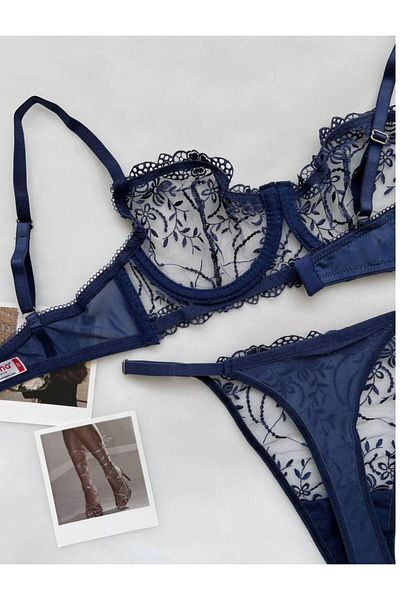 VentLingerie Navy Blue Floral Patterned Bralet Set