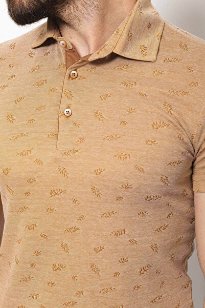 Mcr Ανδρικό μπλουζάκι με λεπτή εφαρμογή με σχέδιο φύλλων, με γιακά πόλο, μουστάρδα - 36636.21Y