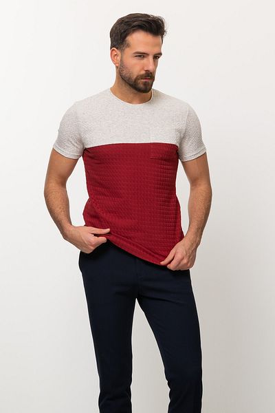 Mcr Piece Patterned Slim Fit Crew Neck Men's T-Shirt Burgundy-Grey - 36692.22Y