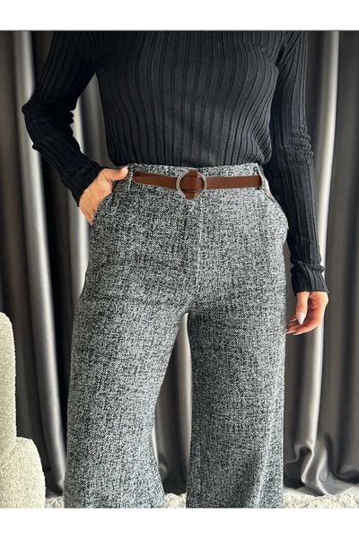Heyya Women's Winter Black Self Patterned Belted Palazzo Trousers