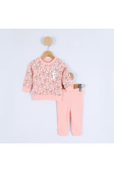 TRENDİMİZBİR Baby Girl Rabbit Patterned Double Set - Powder