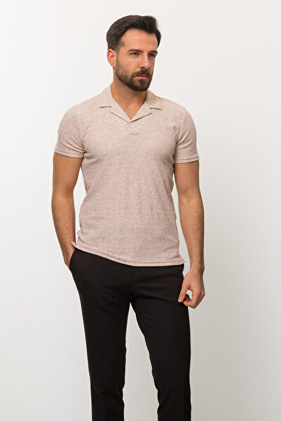 Mcr Ανδρικό μπλουζάκι με σχέδιο Slim Fit με γιακά παπιγιόν Μπεζ - 36691.22Y