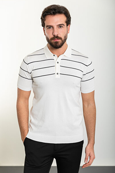 Mcr Смугаста футболка Slim Fit з поло-коміром для чоловіків, екрю - 11477.24Y