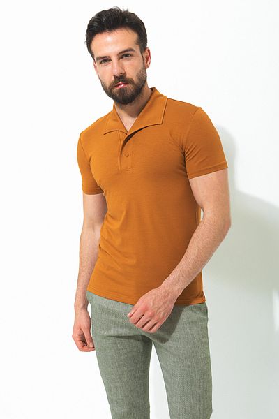 Mcr Plain Slim Fit Lapel Collar Men's T-Shirt Camel - 36713.22Y