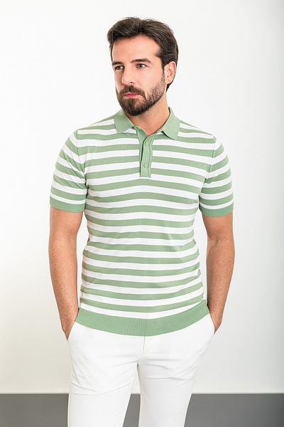 Mcr Horizontal Striped Slim Fit Polo Neck Men's Knitwear T-Shirt Ecru-Green - 11473.24Y