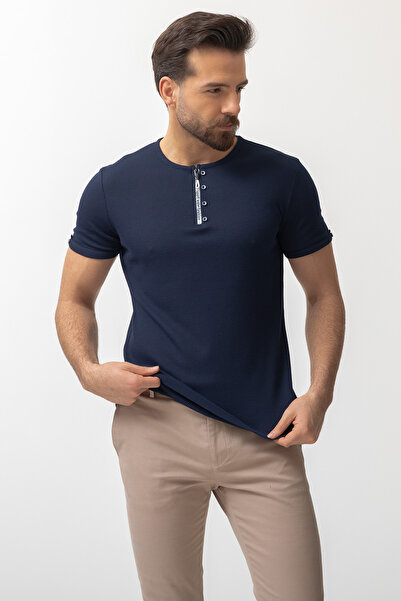 Mcr Πλεκτό ανδρικό μπλουζάκι με φερμουάρ και λαιμόκοψη, μπλε ναυτικό - 36631.21Y