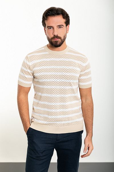 Mcr Horizontal Striped Slim Fit Crew Neck Men's Knitwear T-Shirt Beige - 11478.24Y