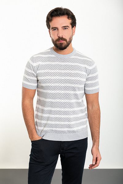 Mcr Horizontal Striped Slim Fit Crew Neck Men's Knitwear T-Shirt Gray - 11478.24Y