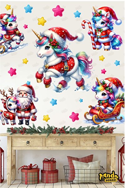 PANDA SOKAĞI Yeni Yıl Renkli Unicorn ve Noel Baba Sticker Seti, Yeni Yıl Unic...