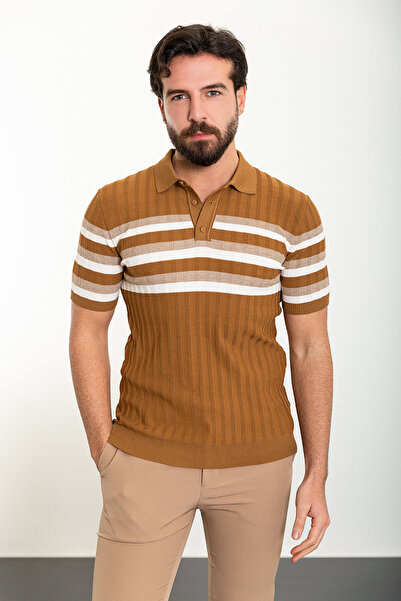 Mcr Смугаста футболка Slim Fit з поло-коміром для чоловіків, камел - 11487.24Y