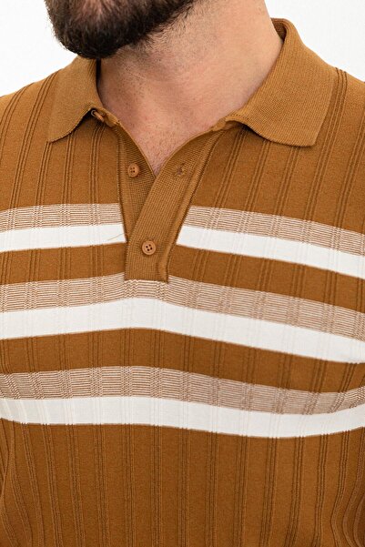 Mcr Смугаста футболка Slim Fit з поло-коміром для чоловіків, камел - 11487.24Y