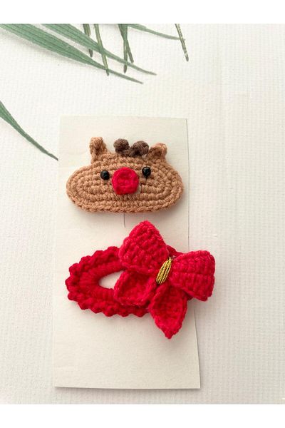 Kadın Girişimciler Atölyesi New Year Christmas Icons (Deer&Bow)Handmade 2-Piece Hair Accessory/Christmas Elements Snap Hair Clips