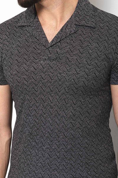 Mcr Patterned Slim Fit Lapel Collar Men's T-Shirt Black - 36712.22Y