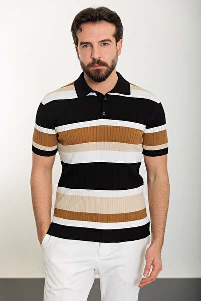 Mcr Смугаста футболка Slim Fit з поло-комірцем для чоловіків, чорна - 11490.24Y