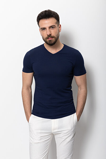 Mcr Απλό Super Slim Fit Basic ανδρικό μπλουζάκι με λαιμόκοψη V σε μπλε ναυτικό - 36361.17Y