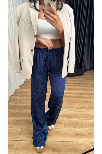 Camp Store Blue Leopard Print Women's Satin Trousers - Elastic Waist