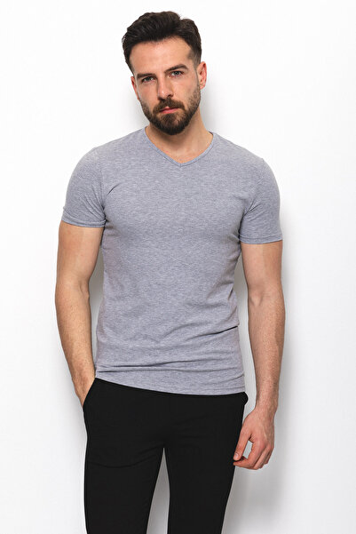 Mcr Прямий Super Slim Fit V-подібний комір Basic Чоловічий T-Shirt Сірий - 36...