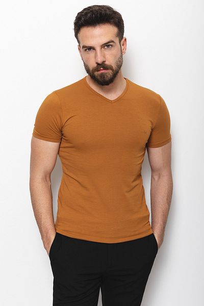 Mcr Plain Super Slim Fit V-Neck Basic Men's T-Shirt Camel - 36361.17Y