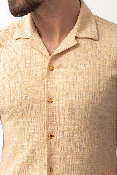 Mcr Patterned Slim Fit Short Sleeve Lapel Collar Men's Shirt Beige - 37565.22Y