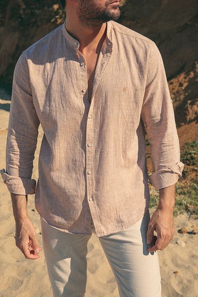 Mcr Straight Slim Fit Judge Collar Basic Linen Men's Shirt Camel - 37340.21Y