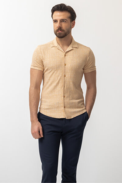 Mcr Patterned Slim Fit Short Sleeve Apache Collar Men's Shirt Beige - 37565.22Y